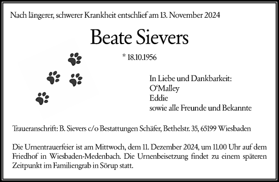 Traueranzeige von Beate Sievers von Wiesbadener Kurier