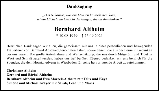 Traueranzeige von Bernhard Altheim von Allgemeine Zeitung Mainz