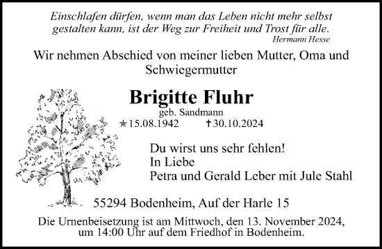 Traueranzeige von Brigitte Fluhr von Allgemeine Zeitung Mainz