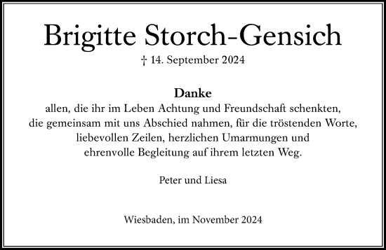 Traueranzeige von Brigitte Storch-Gensich von Wiesbadener Kurier
