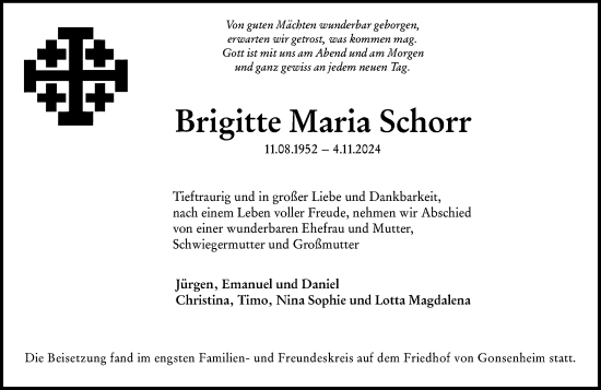 Traueranzeige von Brigitte Maria Schorr von Allgemeine Zeitung Mainz
