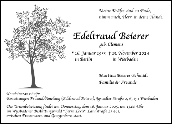 Traueranzeige von Edeltraud Beierer von Wiesbadener Kurier