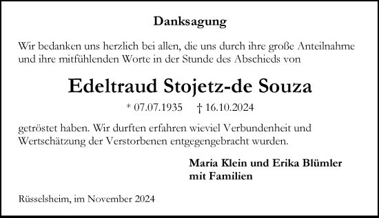 Traueranzeige von Edeltraud Stojetz-de Souza von Rüsselsheimer Echo