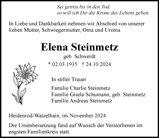 Traueranzeige von Elena Steinmetz von Wiesbadener Kurier