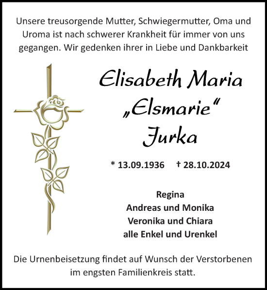 Traueranzeige von Elisabeth Maria Jurka von Wiesbadener Kurier