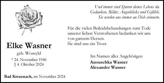 Traueranzeige von Elke Wasner von Allgemeine Zeitung Rheinhessen-Nahe