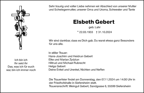 Traueranzeige von Elsbeth Gebert von Allgemeine Zeitung Alzey