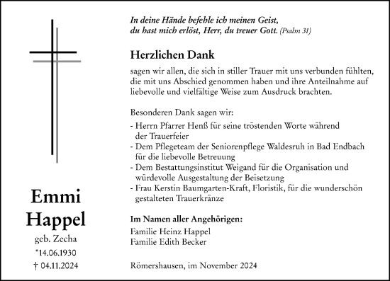 Traueranzeige von Emmi Happel von Hinterländer Anzeiger