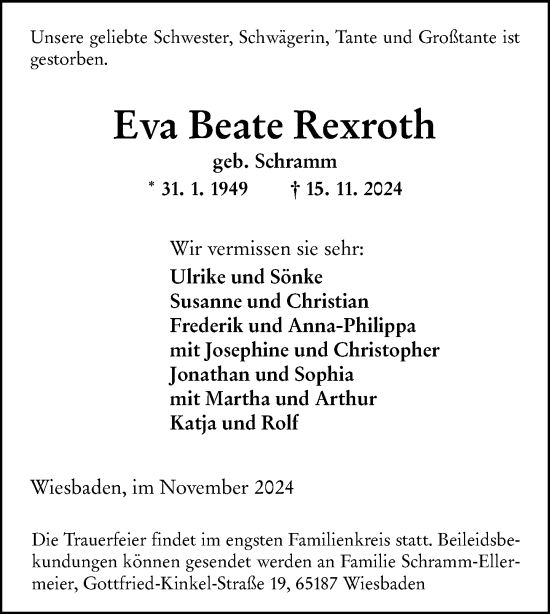 Traueranzeige von Eva Beate Rexroth von Wiesbadener Kurier