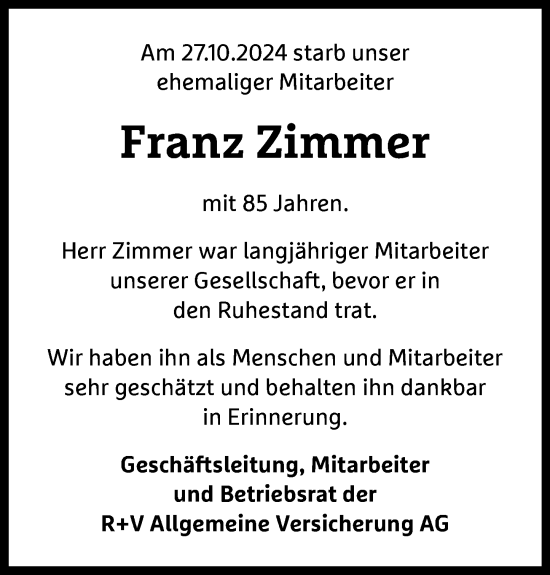 Traueranzeige von Franz Zimmer von Wiesbadener Kurier