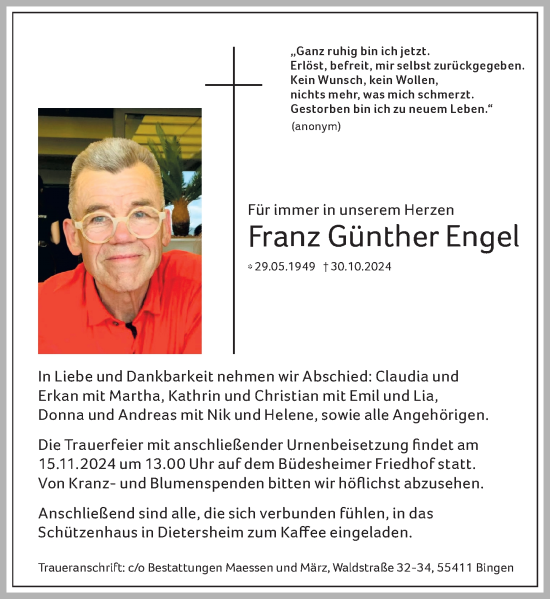 Traueranzeige von Franz Günther Engel von Allgemeine Zeitung Rheinhessen-Nahe