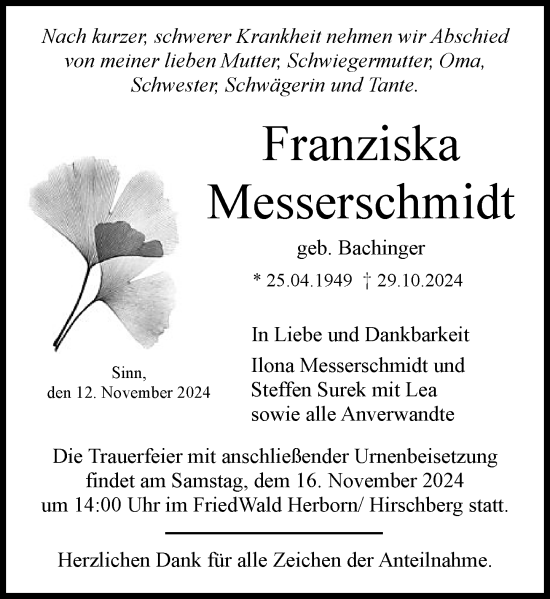 Traueranzeige von Franziska Messerschmidt von Hinterländer Anzeiger