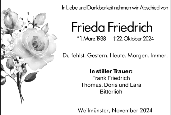 Traueranzeige von Frieda Friedrich von Weilburger Tageblatt