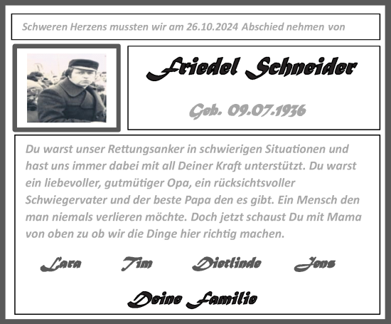 Traueranzeige von Friedel Schneider von Wetzlarer Neue Zeitung