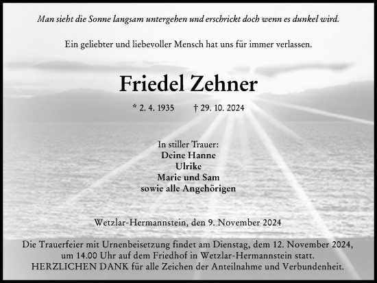 Traueranzeige von Friedel Zehner von Wetzlarer Neue Zeitung