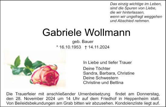 Traueranzeige von Gabriele Wollmann von Starkenburger Echo