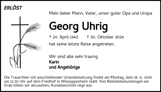 Traueranzeige von Georg Uhrig von Wormser Zeitung