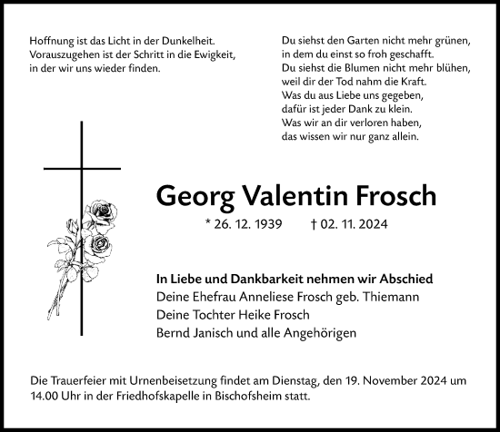 Traueranzeige von Georg Valentin Frosch von Allgemeine Zeitung Mainz