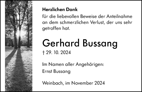 Traueranzeige von Gerhard Bussang von Weilburger Tageblatt