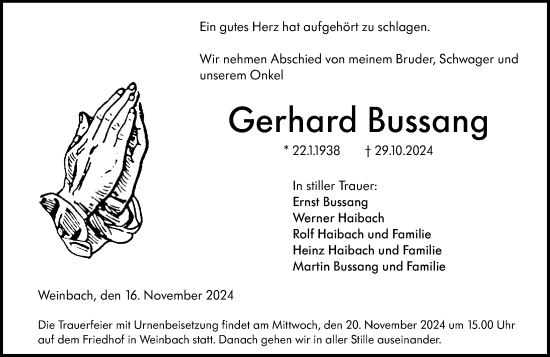 Traueranzeige von Gerhard Bussang von Weilburger Tageblatt