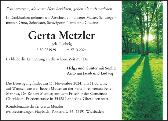 Traueranzeige von Gerta Metzler von Wiesbadener Kurier