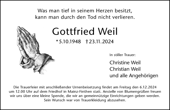 Traueranzeige von Gottfried Weil von Allgemeine Zeitung Mainz