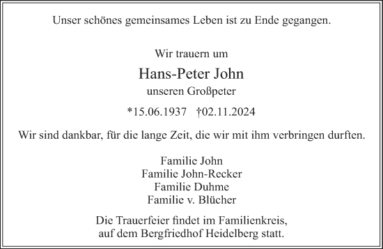 Traueranzeige von Hans-Peter John von Starkenburger Echo
