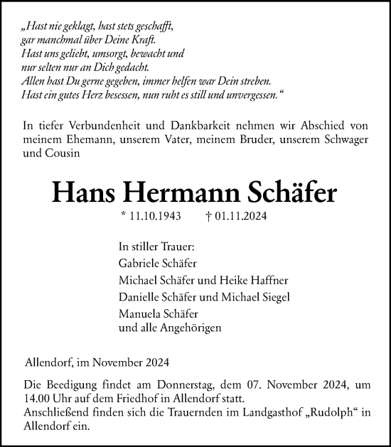 Traueranzeige von Hans Hermann Schäfer von Weilburger Tageblatt