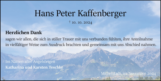 Traueranzeige von Hans Peter Kaffenberger von Odenwälder Echo