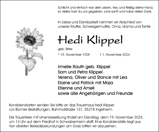 Traueranzeige von Heidi Klippel von Allgemeine Zeitung Rheinhessen-Nahe