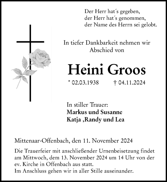 Traueranzeige von Heini Groos von Dill Block