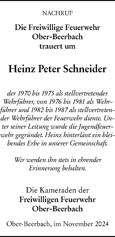 Traueranzeige von Heinz Peter Schneider von Darmstädter Echo