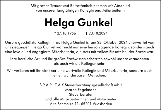 Traueranzeige von Helga Gunkel von Wiesbadener Kurier