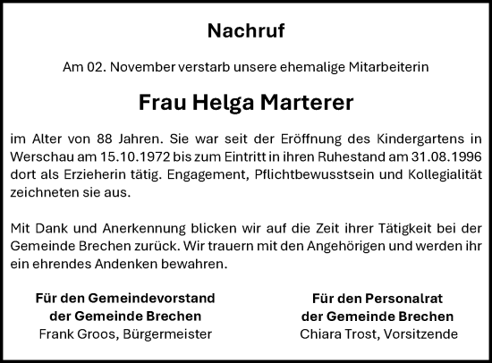 Traueranzeige von Helga Marterer von Nassauische Neue Presse