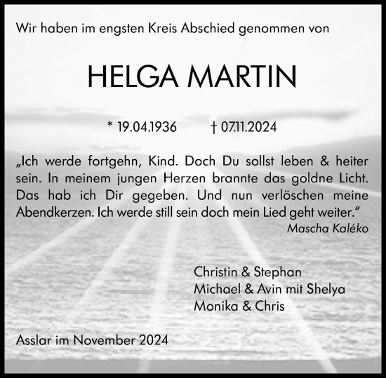 Traueranzeige von Helga Martin von Wetzlarer Neue Zeitung