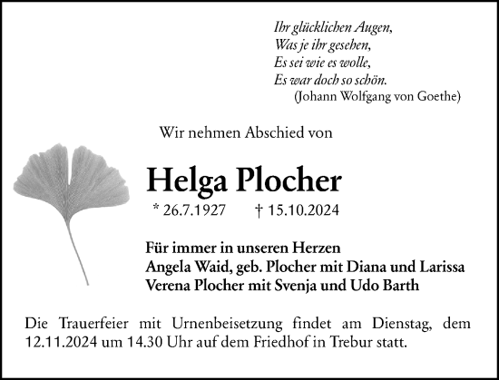 Traueranzeige von Helga Plocher von Rüsselsheimer Echo