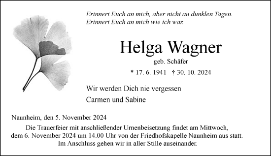 Traueranzeige von Helga Wagner von Wetzlarer Neue Zeitung