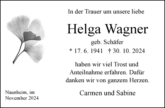 Traueranzeige von Helga Wagner von Wetzlarer Neue Zeitung