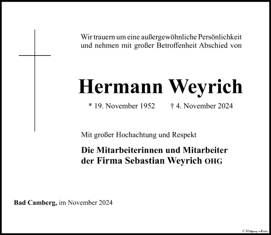 Traueranzeige von Hermann Weyrich von Camberger Anzeiger
