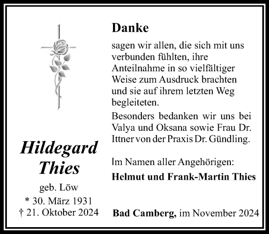 Traueranzeige von Hildegard Thies von Camberger Anzeiger