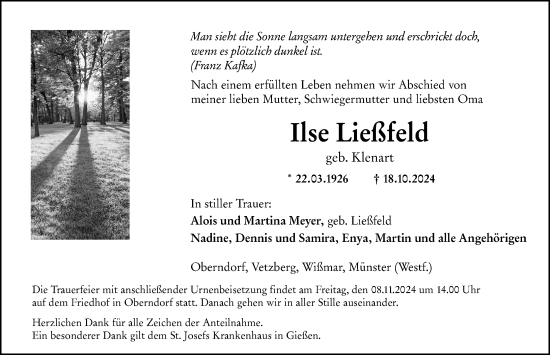 Traueranzeige von Ilse Ließfeld von Wetzlarer Neue Zeitung