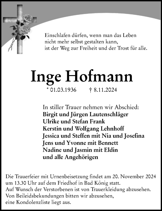 Traueranzeige von Inge Hofmann von Odenwälder Echo