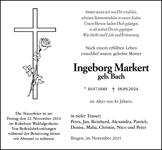 Traueranzeige von Ingeborg Markert von Allgemeine Zeitung Rheinhessen-Nahe