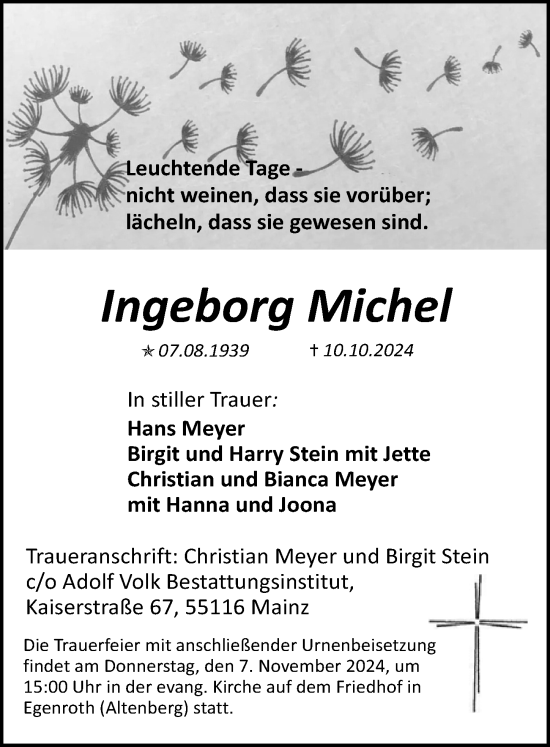 Traueranzeige von Ingeborg Michel von Idsteiner Land/Untertaunus