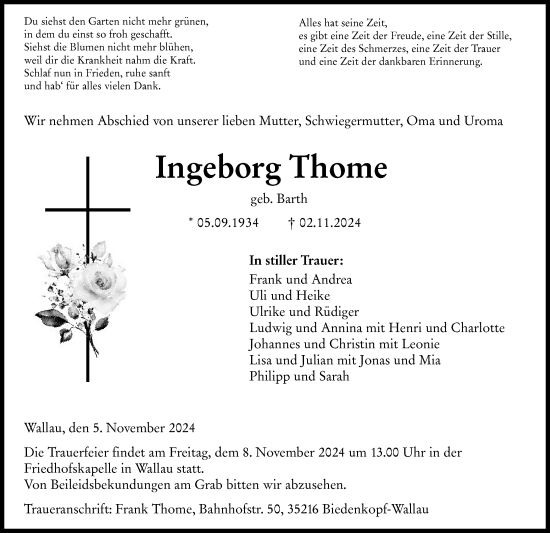 Traueranzeige von Ingeborg Thome von Hinterländer Anzeiger