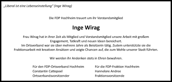 Traueranzeige von Ingeborg Wirag von Hochheimer Zeitung