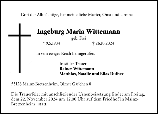 Traueranzeige von Ingeburg Maria Wittemann von Allgemeine Zeitung Mainz