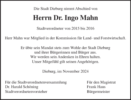 Traueranzeige von Ingo Mahn von Dieburger Anzeiger/Groß-Zimmerner Lokal-Anzeiger