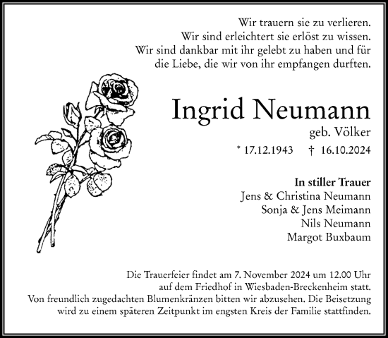 Traueranzeige von Ingrid Neumann von Wiesbadener Kurier