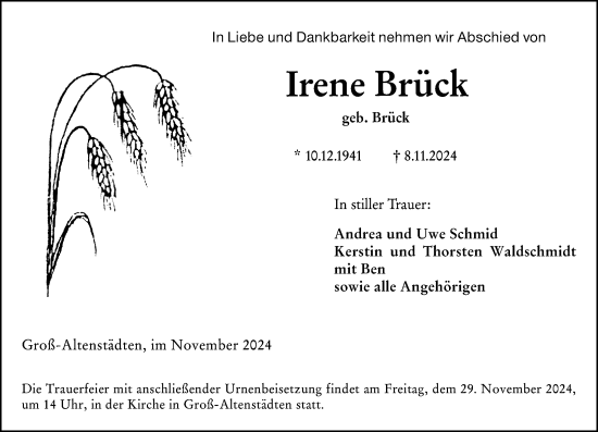 Traueranzeige von Irene Brück von Wetzlarer Neue Zeitung
